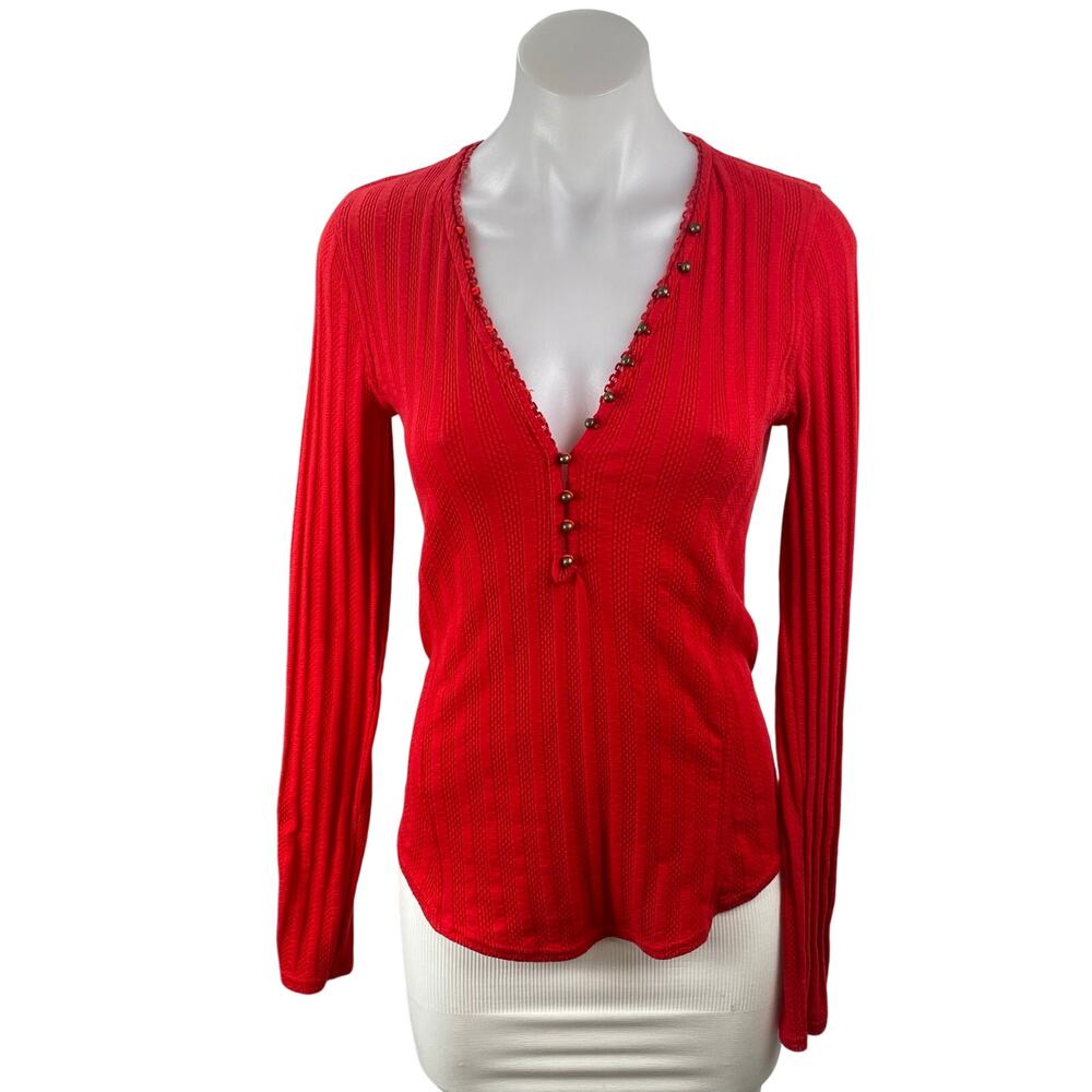 Free People We The Free Red Ribbed Knit Long Sleeve Henley V Neck Blouse Top M